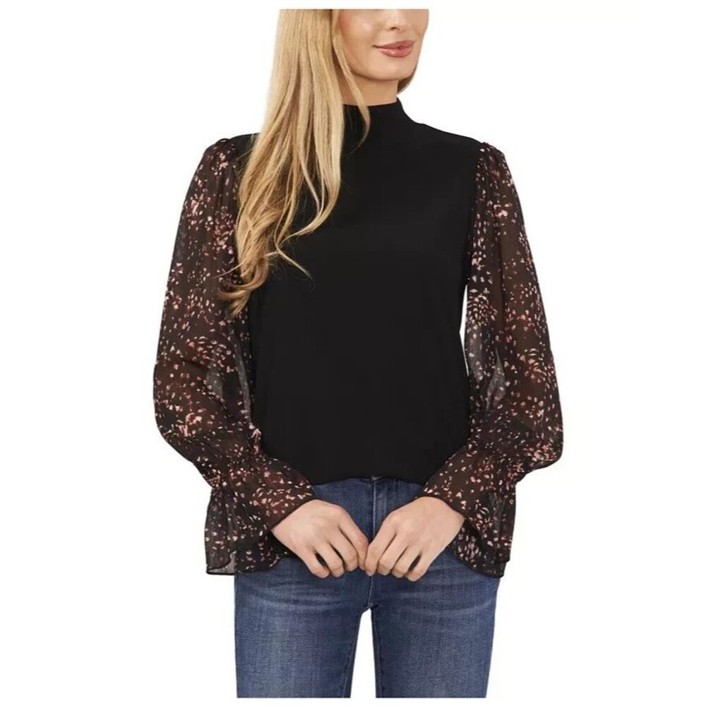 CeCe Women's Sheer Printed Long-Sleeve Mock Neck Top Rich Black XS